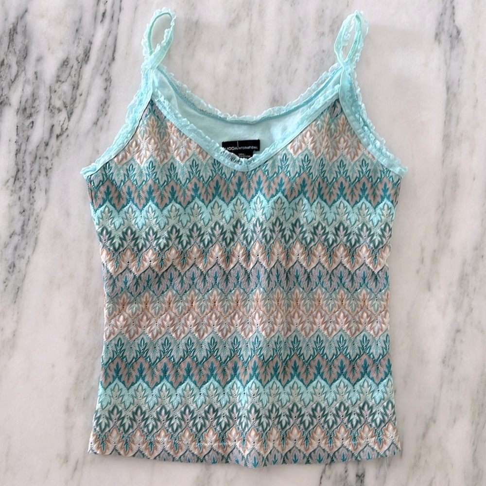 Light Blue Patterned Lace-Trim Cami Top